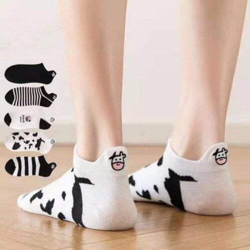Summer black and white cow spotted boat socks, fashionable cotton socks, Japanese lovely lady embroidered thin socks