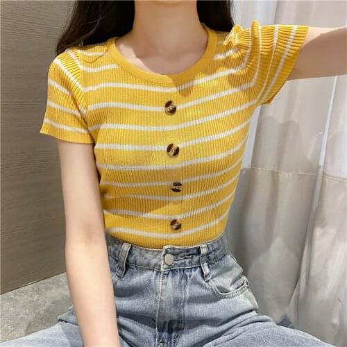 Fashion Womens tops sexy slim section O-neck single-row button threaded short-sleeved T-shirt Button Short Knitted