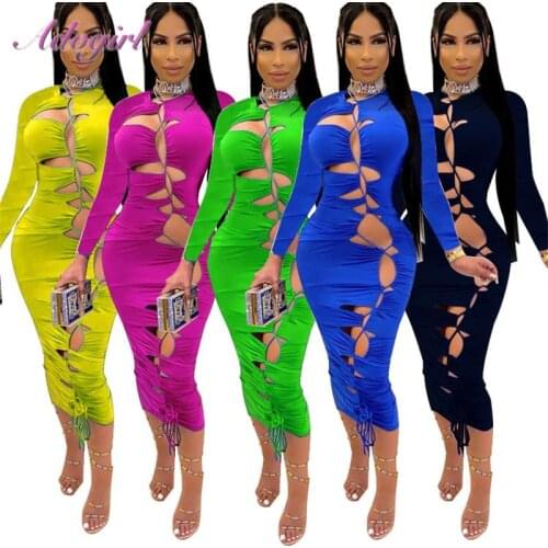 Solid Neon Hole Lace Up Ruched Long Sleeve Midi Dress Women Sexy Hollow Out Bandage Party Club Dresses Outfit Autumn Vestidos