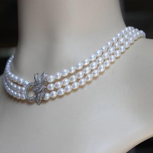 3rows freshwater pearl white egg 7-8mm A necklace 17-19inch FPPJ wholesale beads nature