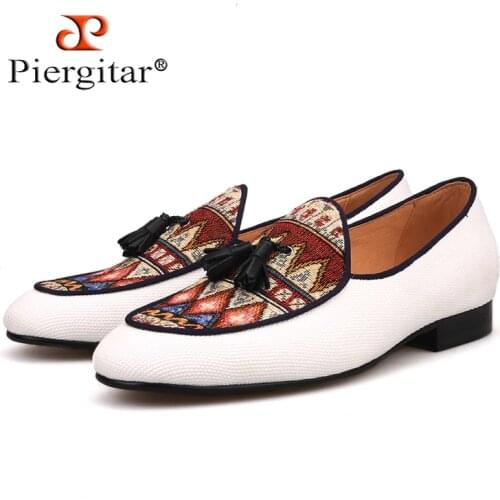 Piergitar new designs Handcrafted multicolor BELGIAN LOAFERS in raw cotton canvas with leather tassels skin insole mens shoes
