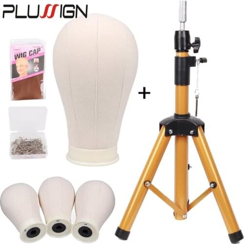 Plussign Gloden Wig Tripod Stand And Canvas Head 1.3 Meters Adjustable Tripod Wig Stand With Head Wig Styling Tools Medel Stand