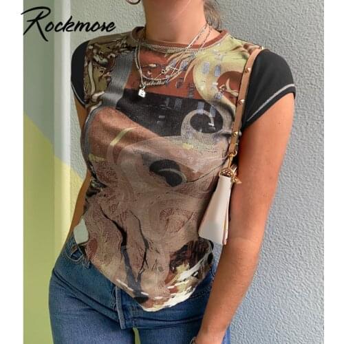 Rockmore Vintage Print Top Women Y2K Short Sleeve T-shirt Grunge Casual Basic Tee Aesthetic Streetwear E Girl O Neck T Shirt 90s