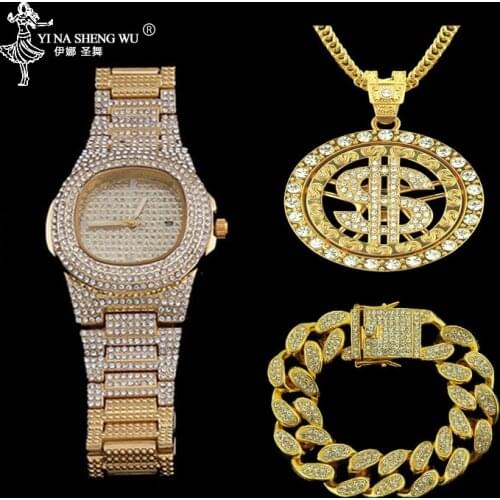 Luxury Men Gold Silver Color Watch Hip Hop Men Watch & Bracelet & Necklace Combo Dollar Sign Pendant Hip Hop Men Jewelry Gifts