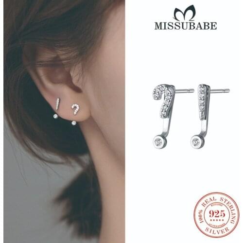 Real 925 Sterling Silver Stud-earrings Zircon Question Exclamation Mark Cute Sweet Unusual Ear Studs Jewelry For Women Girls