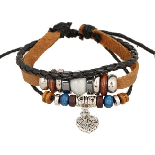 Vintage Retro Leaf Beads Bracelet Wrap Handmade Multilayer Leather Wax Cords Charm Bangle Wristbands Casual Fashion Jewelry Gift