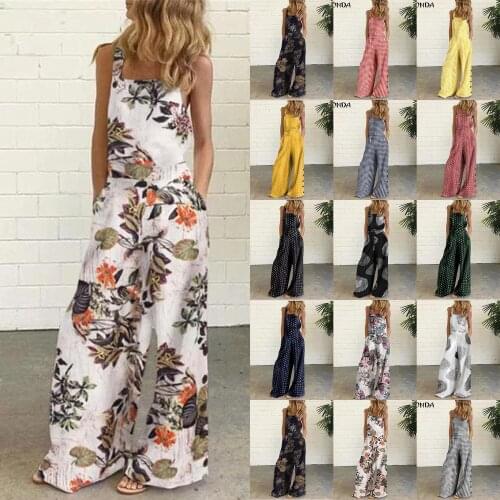 2021 Summer Jumpsuits Women Side Buttons Floral Print Plaid Wide Leg Pants Fashion High Waist Bohemian Long Trousers Vacation