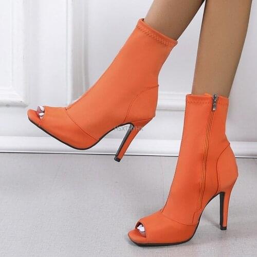 Women Peep Toe Mid Calf Boots Ladies Sexy Super High Heels Womens Square Toe Boots Plus Size 43 Female Zip Punps Woman Shoes