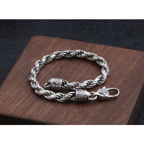 925 Sterling Silver vajra rope chain bangle Men Bracelet jewelry 20cm A4241
