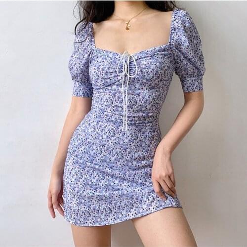 Women Korean Clothes Chiffon Sexy Bodyon Dress Summer Printed Vintage Dresses 2021 Fashion Puff Sleeve Casual Short Mini Dress