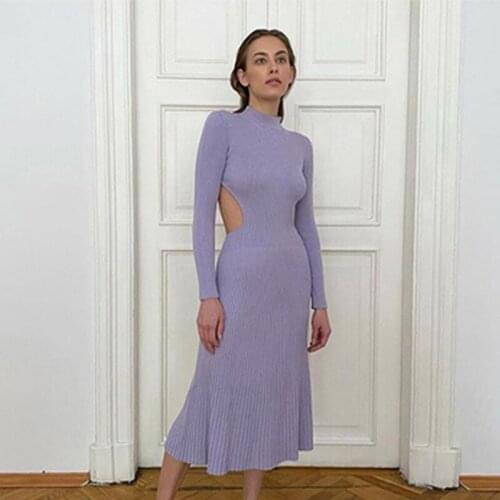 Winter 2021 Dresses for women knitting Fashion Round neck Solid color Dres Long Slim Sexy party Thin Dress Soft Backless Bandage