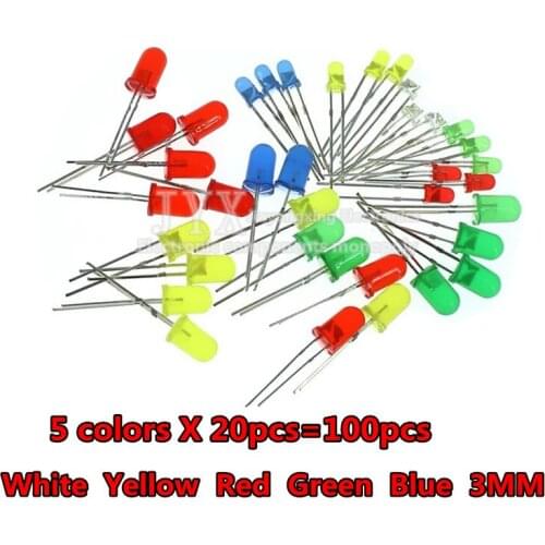 100pcs 3mm LED Light Assorted set DIY Kit White Yellow Red Green Blue 5value X 20pcs=100pcs Independent packing