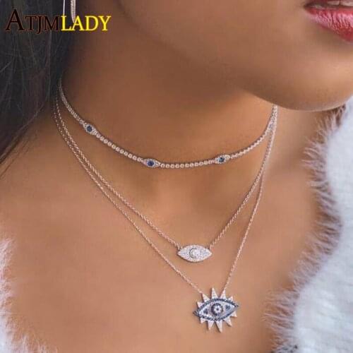 2021 New Design Micro Pave Cubic Zirconia Blue Rainbow CZ Gold Color Geometric Lucky Lovely Evil Eye Pendant Necklace Fashion