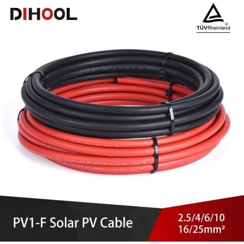 Solar Cable Wire 16/14/12/10/8/6/4 AWG Red & Black Tinned Copper Double Sheathed Wire for Solar Photovoltaic System TUV Approval