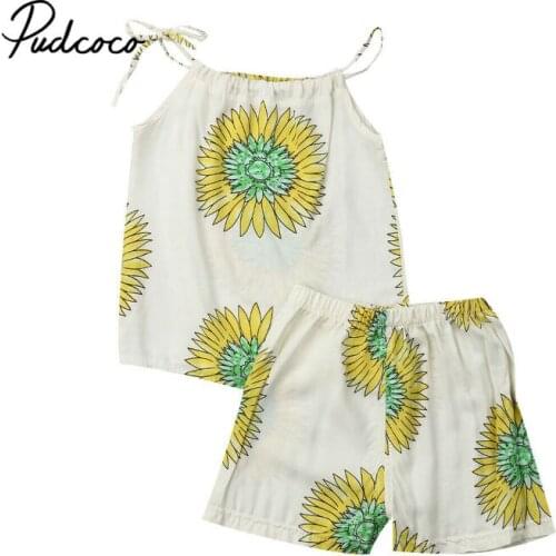 2Pcs Newborn Infant Baby Girl clothes set Off Shoulder Tank Tops Vest +sunflower Shorts outfit Summer clothes set