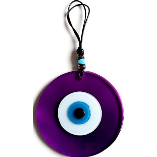 Handmade Leather String Transparent Purple Color Glass Wall Ornament With Evil Eye Beads