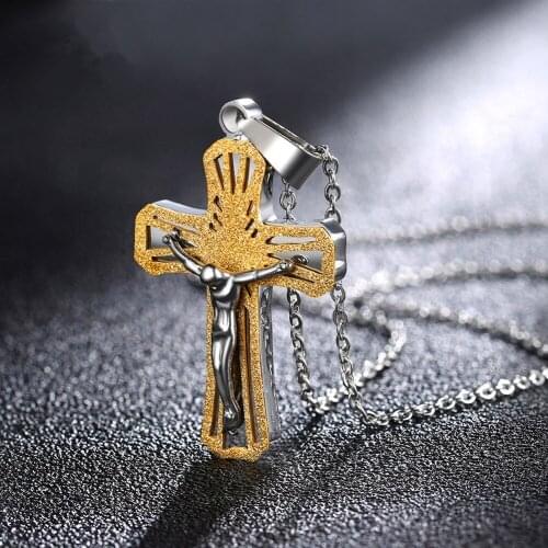 Cross Pendant Necklace Men Christian Jewelry Gift Vintage Cross INRI Crucifix Jesus Piece Double Layer Necklaces Pendants Golden