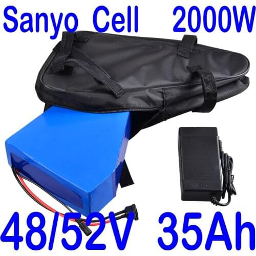 52v 1500w triangle battery 51.8V 35AH lithium battery 52V 35AH electric bike battery use sanyo cell with 58.8V charger+free bag