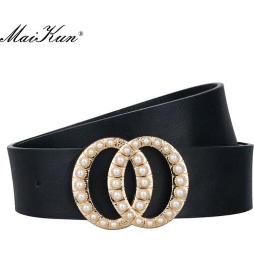 Maikun Belt for Women Double Ring Diamond And Pearl Buckle Belt High Quality Leather All-Match Waistband