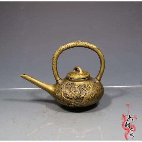 Antique QingDynasty copper bottle, carved Dragon & Phoenix Long mouth pot,Hand-painted crafts,Decoration,collection &Adornment