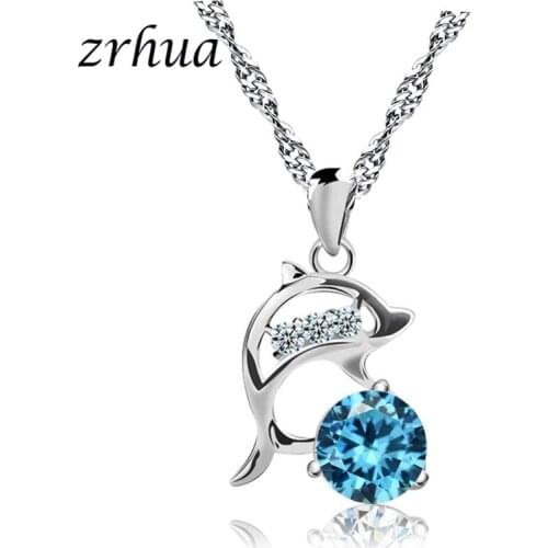 ZRHUA Fashion Dolphin Pendant Necklace Charm 925 Sterling Silver Chain Necklace Clear Zircon Girls Lucky Jewelry For Women Gift