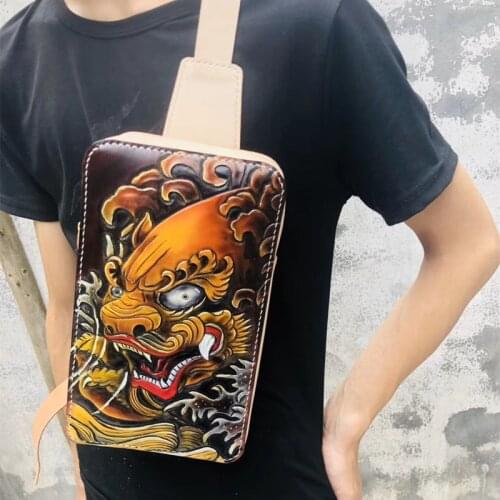 Handmade Men Vegetable Tanned Leather Shoulder Engraving Bag Cowhide Hand-carved Chest Bags