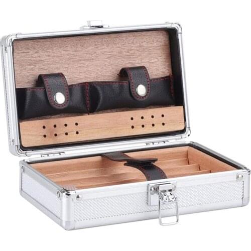 Desktop Portable Humidor Case Cigar Box Suitcase Cedar Wood Aluminum Exterior Outdoor Travel Case for Cigar Lovers