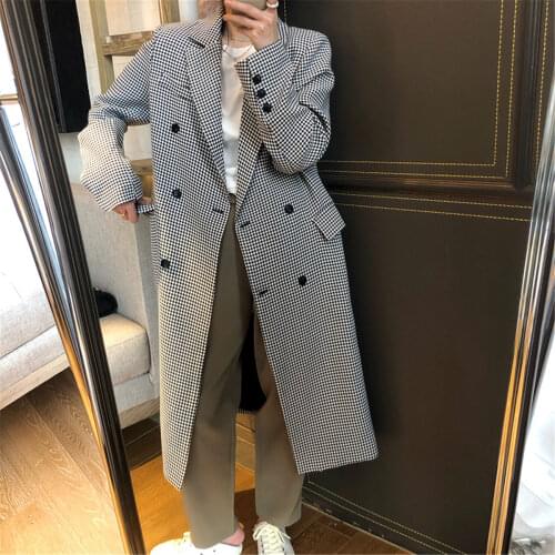 New Autumn and Winter Ladies Woolen Coat Fashionable Temperament Houndstooth Coat Outdoor Leisure Mid-length Windbreaker