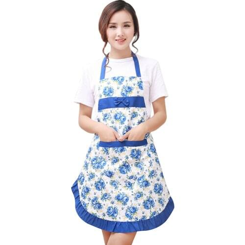 Printed Women Apron with Pockets Waterproof Floral Bib Kitchen Aprons Rose Flower Home Textiles Women Bibs Breech Cloth
