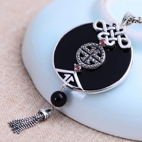 BOCAI 2020 new real s925 Sterling Silver Jewelry Vintage Thai Silver Pendant for Woman Black Agate Tassel Womens Pendant