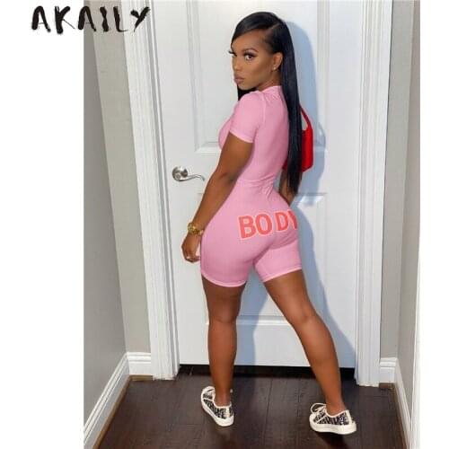 Akaily Streetwear Black Slim Letter Print Rompers Summer Womens Jumpsuit White O Neck Short Sleeve Bodycon Female Playsuit 2021