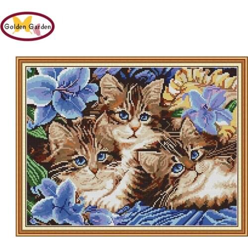 GG Three Litten Kittens Painting Christmas Cross Stitch Kits Embroidery Animal Joy Sunday Printed Cross Stitch for Home Decor