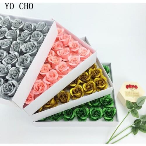 YO CHO Artificial Blue Rose Flower Head Crystal Rose Glitter Flower 7 cm Flower Head 1 Box Home Wedding Decor Valentines Gift