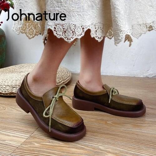 Johnature Pumps Women Shoes Genuine Leather Round Toe Lace-Up 2021 New Autumn Patchwork Retro Handmade Concise Ladies Shoes
