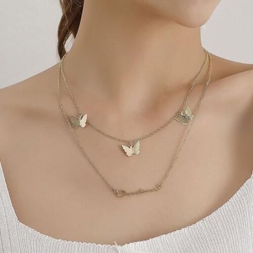 Simple Temperament Alloy Butterfly Letter Pendant Necklace Women Double Layer Geometric Clavicle Necklace Vintage Jewelry Kolye