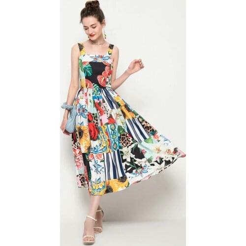 2021 Runway Custom Summer Cotton Spaghetti Strap Dress Womens Charming Flower Print Bohemian Midi Dresses Vestdios