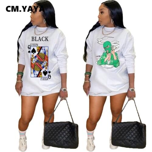 CM.YAYA Women Black Queen Poker Card Cartoon Print O-neck Long Sleeve Sweatshirt Style Mini Dress