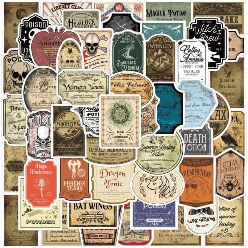 10/50Pcs Cartoon Retro Potion Label Graffiti Stickers Vintage Poker Skull Sticker for The Diary Scrapbooking Ablum Stationery
