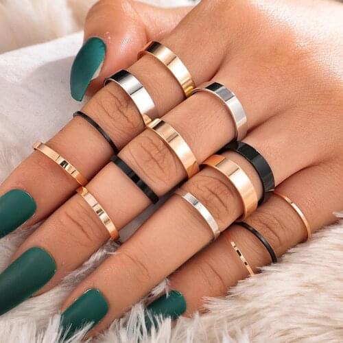 14PCS/Set Fashion Creative Personality Alloy Three-color Glossy Rings Gold Black Silver Color Wide Ring Set Women Jewelry Gift