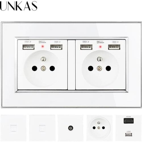 UNKAS Acrylic Panel EU / French Socket With Dual USB Port + TV RJ11 Telephone RJ45 Internet Computer Jack 146mm * 86mm Outlet
