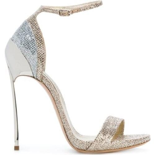 Summer Hot Selling Ankle Strap Open Toe High Heel Shoes Super High Glitter Embellished Thin Heels Sandal Woman Heels