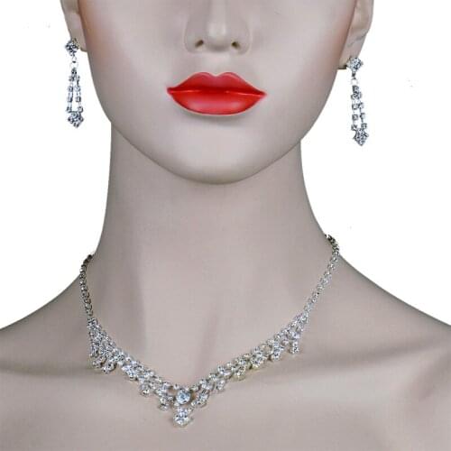 Chran Simple Rhinestone Jewelry Set Elegant Silver Plated Necklace Earrings Jewelry Set for Women