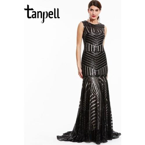 Tanpell sequins long evening dress black scoop sleeveless floor length dresses cheap mermaid zipper up formal party evening gown