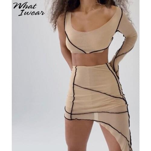 Two piece set women striped Skirt Sets streetwear see through outfits Single Sleeve Tops High Waist Skirts autumn Female Suits