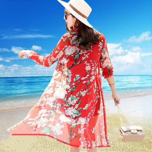 Summer Breathable chiffon cardigan long shirt loose butterfly printing sun protection clothing female
