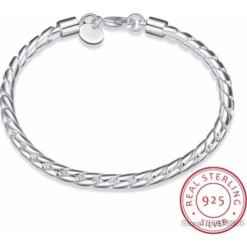 Mens Fine Jewelry 925 Sterling Silver 4mm Twisted chains 20cm bracelet bangle Pulseiras de Prata For Female gift