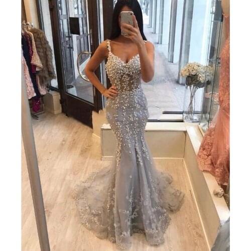 Modest 2020 New Light Gray Lace Mermaid Evening Dresses Beaded Long Evening Gowns Abiye Robe De Soiree Party Dress
