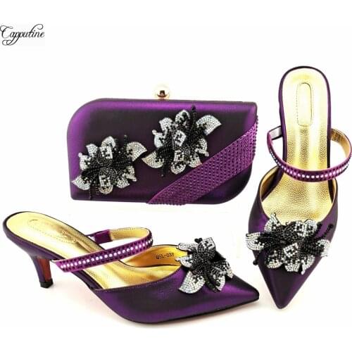 Latest Ladies High Heels Shoes And Clutch Bag Set To Match Purple African Women Pumps With Handbag Evening Purse QSL037 7.5CM