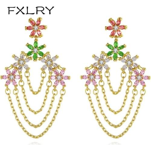 FXLRY New Arrived Romantic Colorful Cubic Zirconia Fashion Flower Drop Earrings For Women Fashion Jewelry