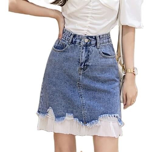 Hole lace Patchwork Woman Skirts Casual Button Denim Skirt Fashion Short Mini A-Line Skirt Womens Summer Clothing Jupe En Jean